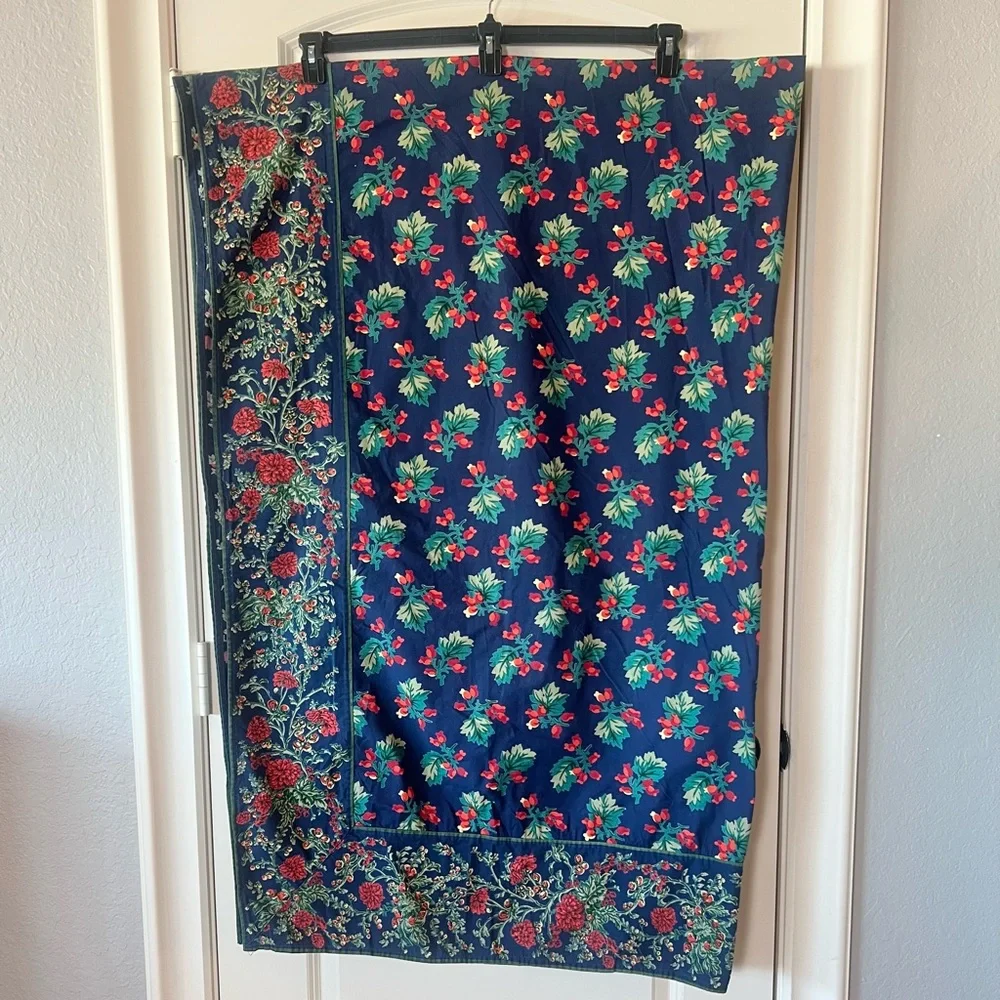Vintage April Cornel Large Rectangle Tablecloth Navy Blue and Florals 104”x 50”